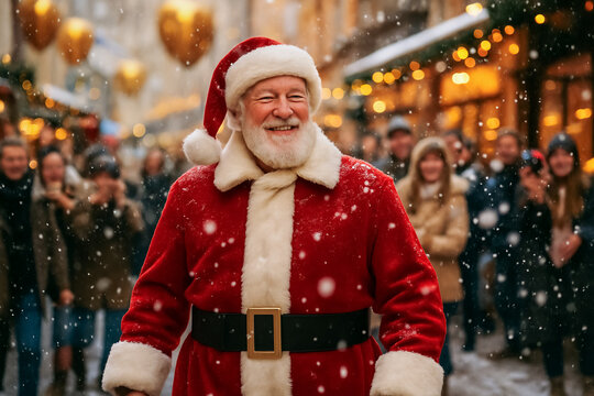 Happy Santa Claus walking on snowy Christmas market spreading magic of winter holiday