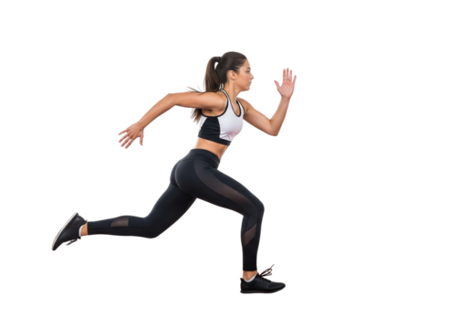 Fit young woman runner sprinting in sportswear, isolated on white background.