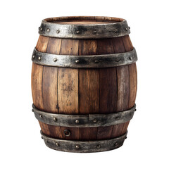 Fototapeta premium A wooden barrel with iron bands, high texture detail, isolated on white background, centered object --ar 1:1 --raw