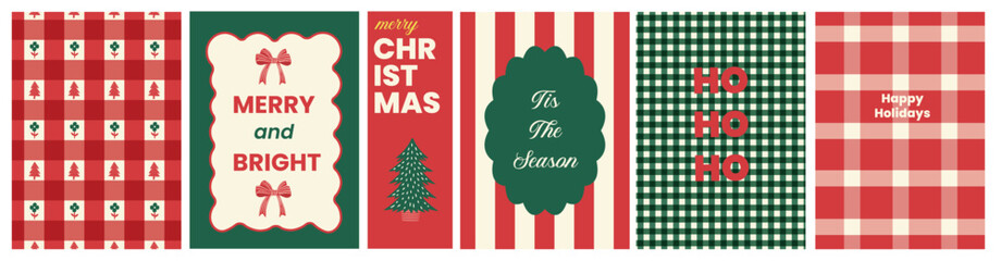 Merry Christmas and holiday posters with Frames, stripes, plaid, tree, festive text quotes. Perfect background template for greeting cards, prints, wall art, banner, postcards, invites.