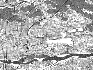 Fototapeta premium Hand-drawn style black and white city map of Kakamigahara, Japan, with detailed streets and textures.