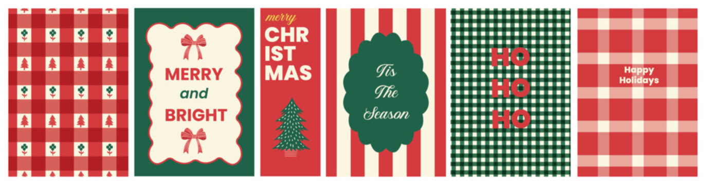 Merry Christmas and holiday posters with Frames, stripes, plaid, tree, festive text quotes. Perfect background template for greeting cards, prints, wall art, banner, postcards, invites.