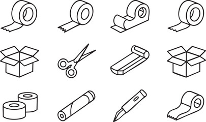 Packaging Supplies Line Icons with Tape, Scissors, Boxes and Wrapping Tools