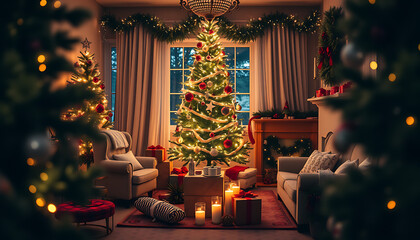 Obraz premium a cozy christmas living room illuminated with warm lights and festive decorations