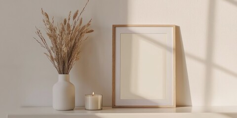 A wooden frame with a blank white card, placed on a white shelf with a vase of dried grass and a lit candle.