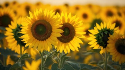 Obraz premium Sunlit sunflowers in a vast field, their vibrant yellow petals catching the light
