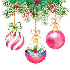 New Year's tree decorations, balls. Watercolor illustration.