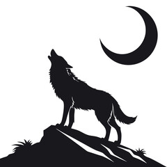 Black wolf howling at crescent moon silhouette night