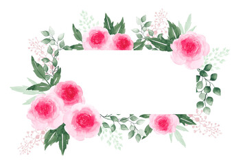 Rose and leaf card template. Watercolor illustration.