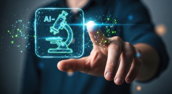 Hand touching a digital microscope icon, representing ai in science and technology advancement