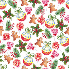 Seamless pattern of Christmas decorations. Watercolor illustration.