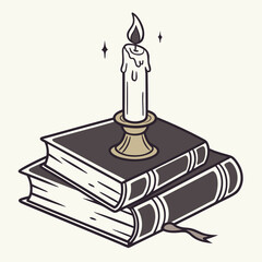Burning candle on stack of books illustration flame 1