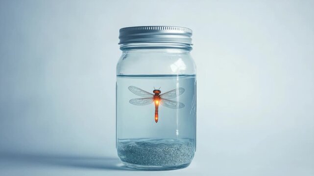A beautiful dragonfly inside a clear glass jar, perfect for decorative or educational purposes