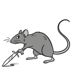 Cartoon gray rat holding a small knife mouse animal