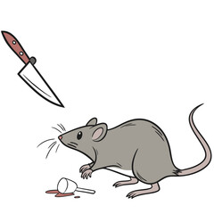 Cartoon gray rat with knife and spilled liquid mouse
