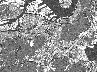 Fototapeta premium Illustrated map of Kitakyushu, Japan, in black and white hand-drawn digital style.