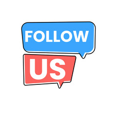 Bright blue and red speech bubble icons with the words follow us in bold white lettering
