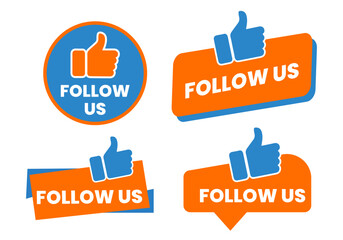 Collection of four orange and blue social media follow us buttons with thumbs up icons