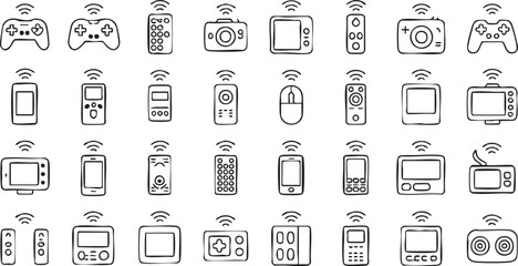 Wireless Device Line Icons Collection with Gadgets, Controllers and Smartphones