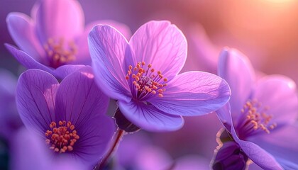Fototapeta premium Blooming Purple Flowers with Orange Stamens in Soft Sunlight Macro Shot