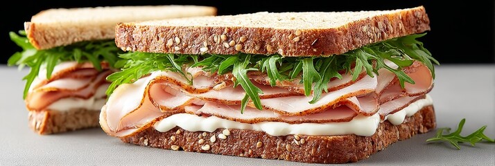 Delicious Deli Style Turkey Sandwich with Fresh Greens and Creamy Mayonnaise on Whole Wheat Bread