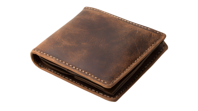 Sophisticated brown leather wallet, perfect for everyday carry, handcrafted with meticulous stitching for a touch of rustic elegance, a stylish accessory,isolated on white background.