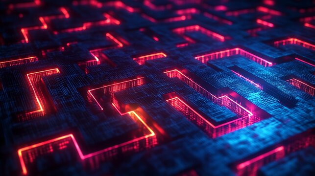 Abstract glowing circuit board with neon lights and intricate patterned texture - Powered by Adobe