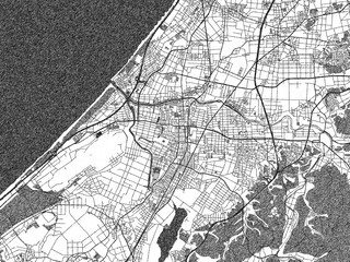 Naklejka premium Monochrome hand-drawn map of Komatsu, Japan, ideal for decorative and editorial use.
