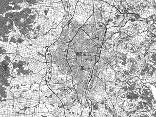 Illustrated city map of Koriyama, Japan, in black and white, showing roads and textures.