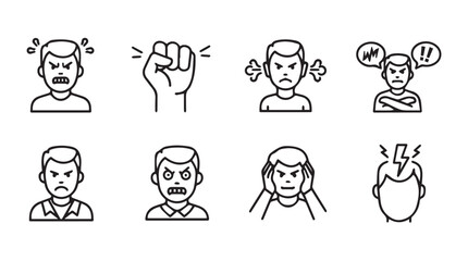 Set of eight stylized line art icons depicting various angry expressions and gestures of frustration vector
