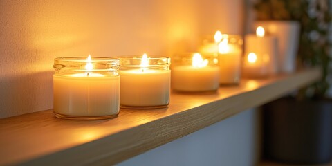 Candles burning on a wooden shelf, casting a warm glow, with a potted plant in the background.