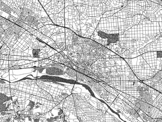 Black and white illustrated map of Kumagaya, Japan, with streets, rivers, and neighborhoods.