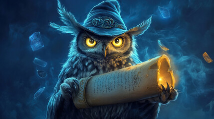 Owl wearing wizard hat holding glowing ancient scroll with paws, magical runes floating around