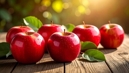 Close-up of six vibrant red fruits with green leaves, arranged on a rustic wooden table, bathed in warm sunlight