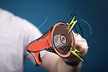 Digital illustration of a hand drawing a loudspeaker, symbolizing announcements and marketing.