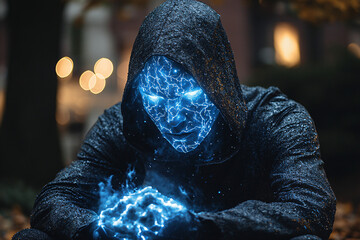 A figure cloaked in dark attire emanates blue electric energy, creating a striking contrast against a blurred background of autumn foliage.