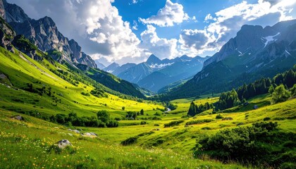 Lush Green Valley With Mountain Range Under Partly Cloudy Sky Scenic Landscape Featuring Green Meadow and Towering Mountains Illuminated by Sunlight