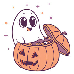 Cute cartoon ghost peeking out of jack o lantern halloween