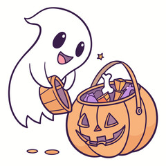 Cute cartoon ghost pouring candy into a pumpkin basket