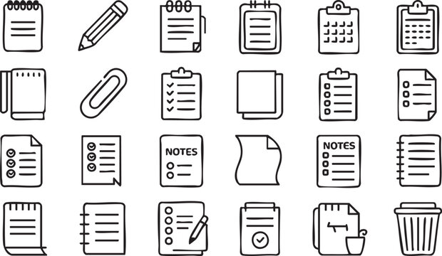 Office outline icons pack with notebook paper documents and checklist productivity illustrations