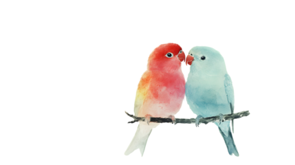 Charming pair of lovebirds perched on a branch, symbolizing companionship and affection, perfect for heartwarming designs,isolated on white background.
