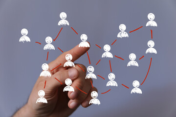 Hand interacting with a network diagram.  Illustrates connection, teamwork, and community.