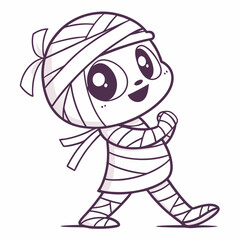 Cute cartoon mummy character walking with bandages