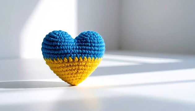 Blue And Yellow Heart Shape Knitted Figure Symbolizing Patriotism In Support Against A White Background - Powered by Adobe