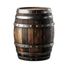 Obraz premium A wooden barrel with metallic rings, premium textures and realistic details, isolated on white --ar 1:1 --raw