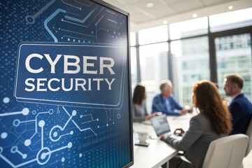Cybersecurity presentation in modern office conference room with diverse team discussing data protection strategies for secure digital transformation