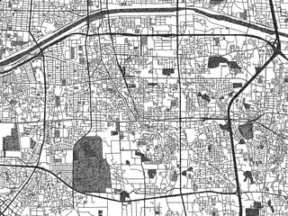 Fototapeta premium Stylized black and white urban map of Matsubara, Japan, hand-drawn style for decor and creative use.