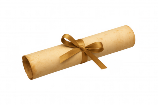 Rolled old parchment scroll tied with golden ribbon, presenting ancient document, certificate, diploma, or vintage message on transparent background