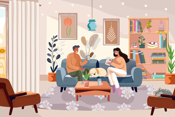 Illustration of a couple, a cute puppy sitting on a sofa, and a cat sleeping on another sofa. The atmosphere is warm and relaxing. The room features a bookcase, potted plants. vector.