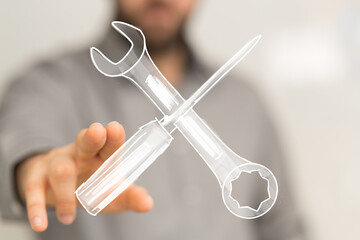 Hand reaching for digital tools icons: wrench and screwdriver. Perfect for concepts of repair,...